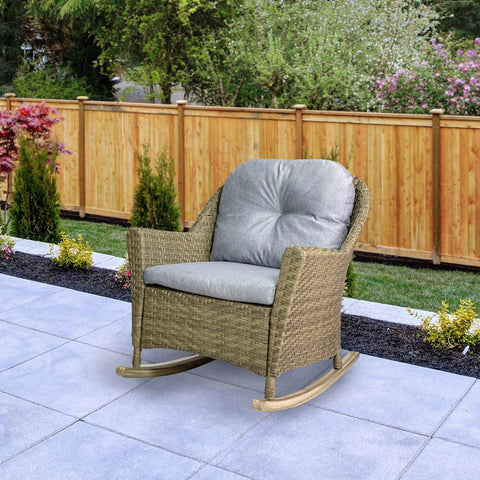 34" Gray Resin Wicker Deep Seated Rocker Chair With Gray Cushions