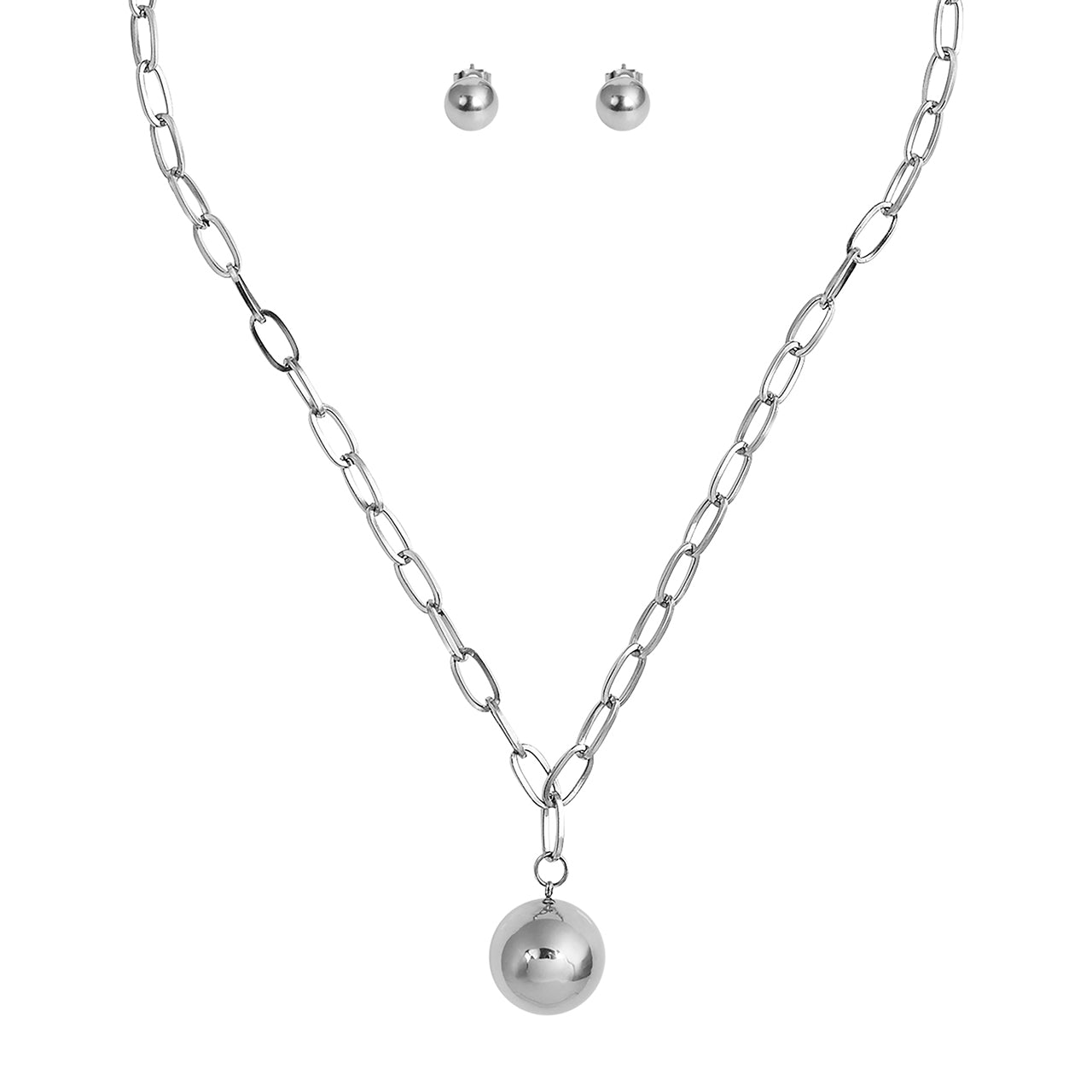  Gemesis Jewels by Edforce Hollow Ball Pendant Necklace and Ball Stud Earrings Set - Silver - Bonton