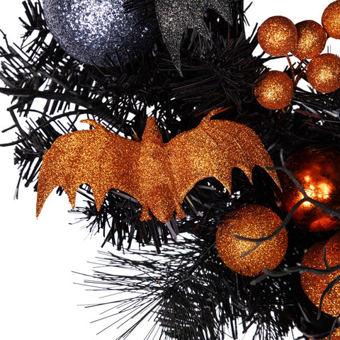 Ornaments and Ghost Halloween Twig Pine Wreath - 24" - Orange and Black - Unlit
