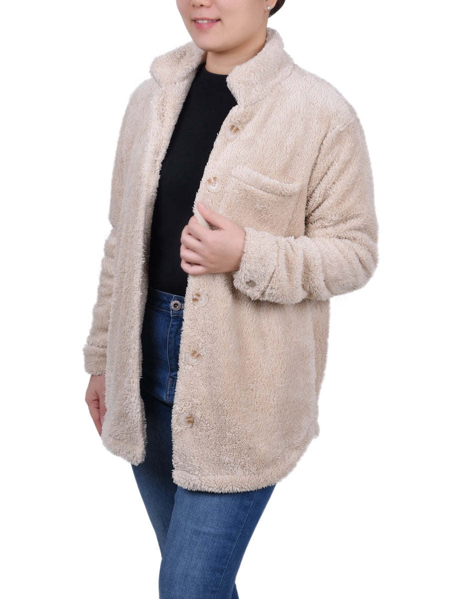  NY Collection Long Sleeve Button Front Sherpa Jacket - Ivory - Bonton