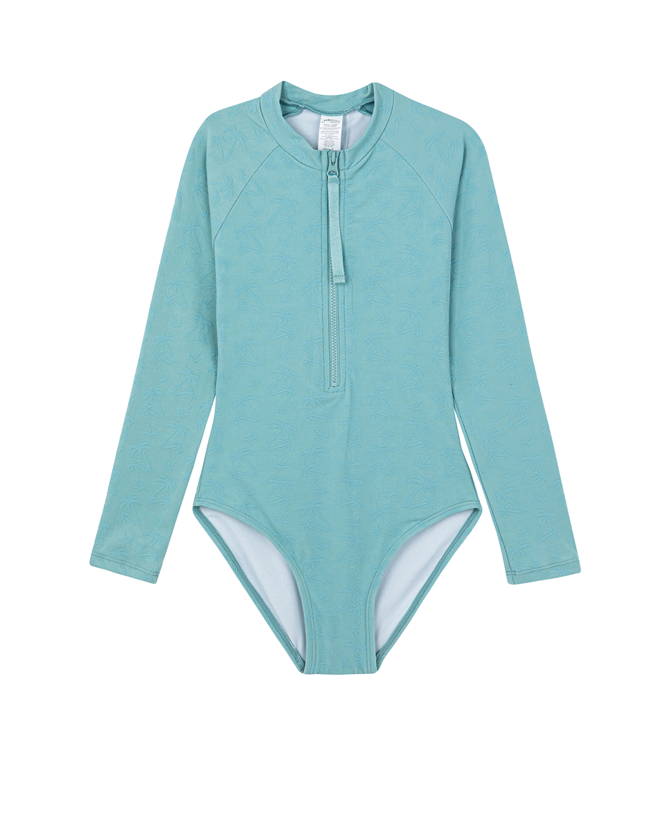  Gottex Kids Palm Party Textured Long Sleeve Zip Front One Piece - Palm Party Green - Bonton