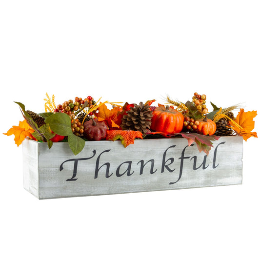 Autumn Harvest Arrangement in a "Thankful" Rustic Wooden Box Centerpiece - 21"