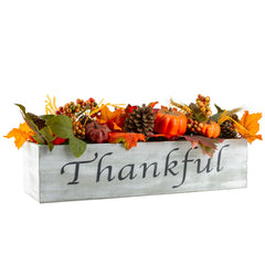 Autumn Harvest Arrangement in a "Thankful" Rustic Wooden Box Centerpiece - 21"