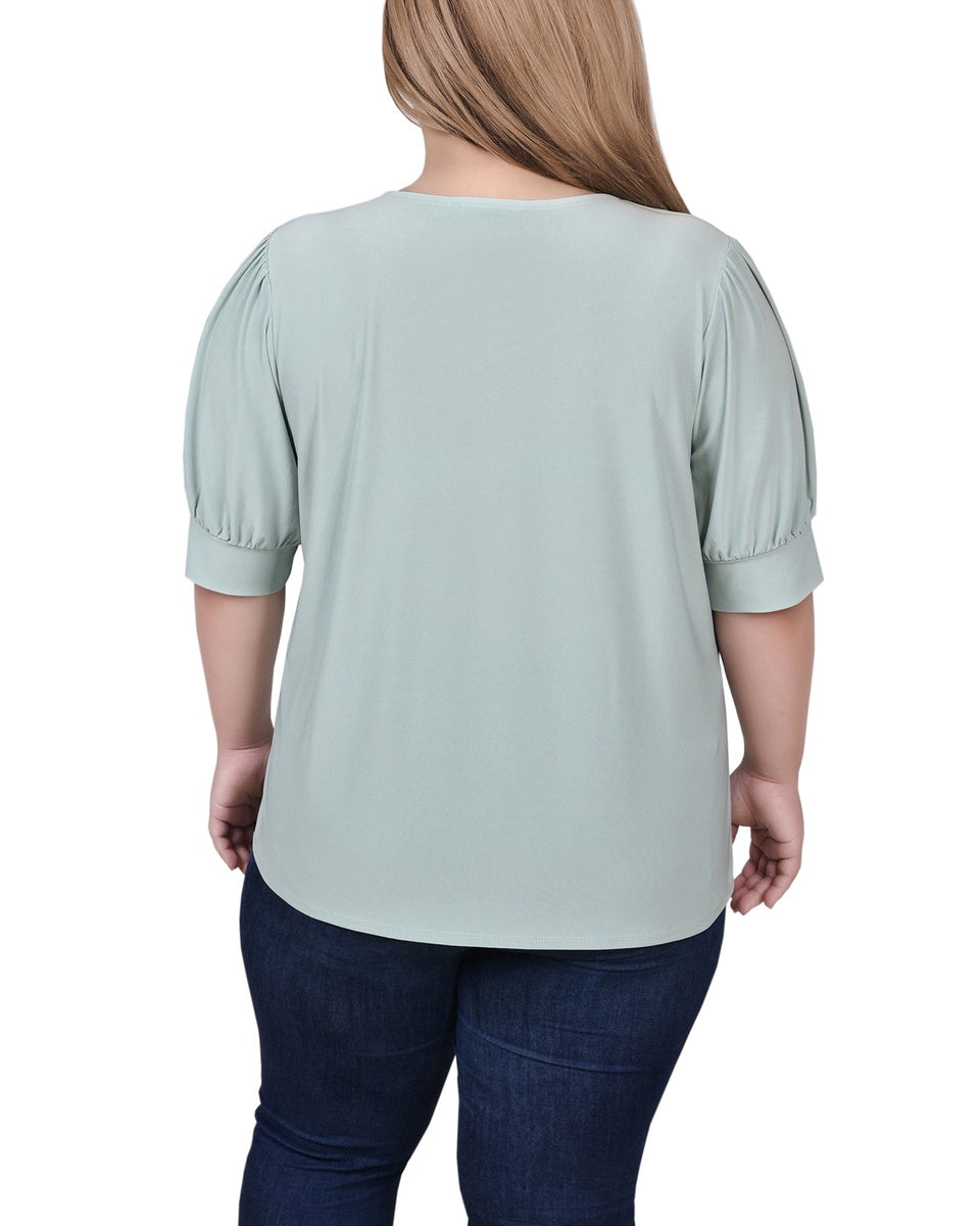  NY Collection Plus Size Short Sleeve Balloon Sleeve Top With Hardware - Bittersweet - Bonton