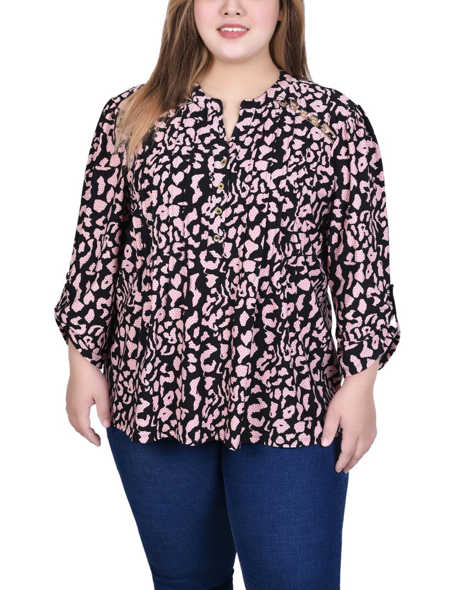  NY Collection Plus Size Long Sleeve Pintuck Front Top With Chain Details - Animal Lilas Dot - Bonton