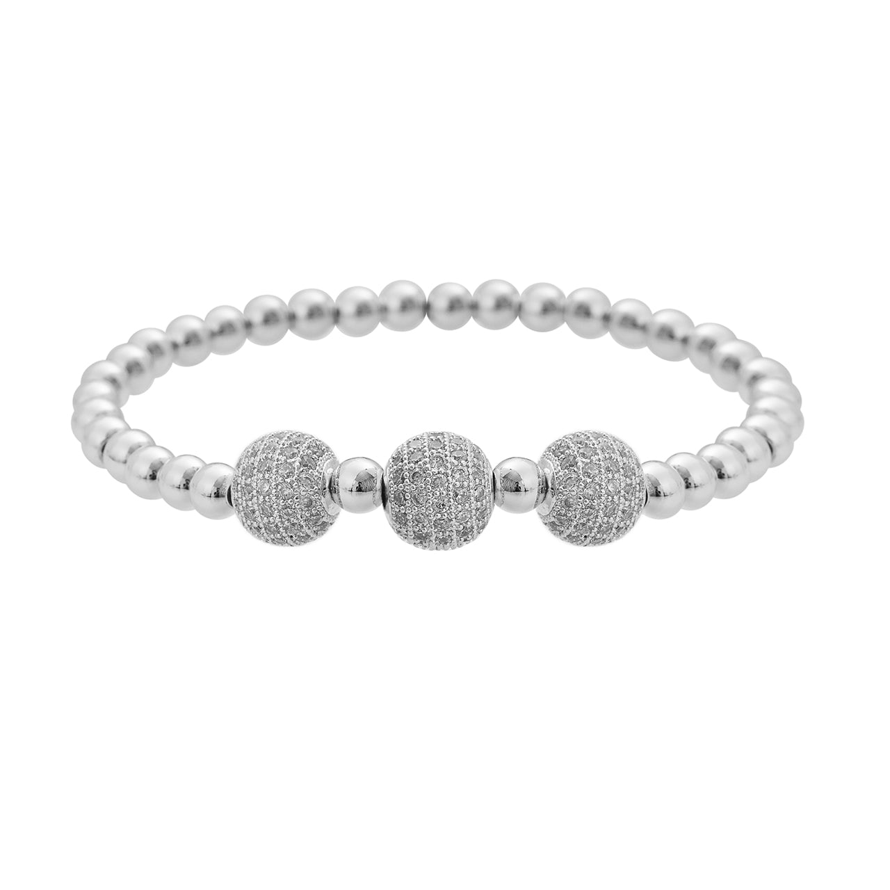  Gemesis Jewels by Edforce Three Crystal Balls Beaded Ball Chain Elastic Bracelet - Silver - Bonton