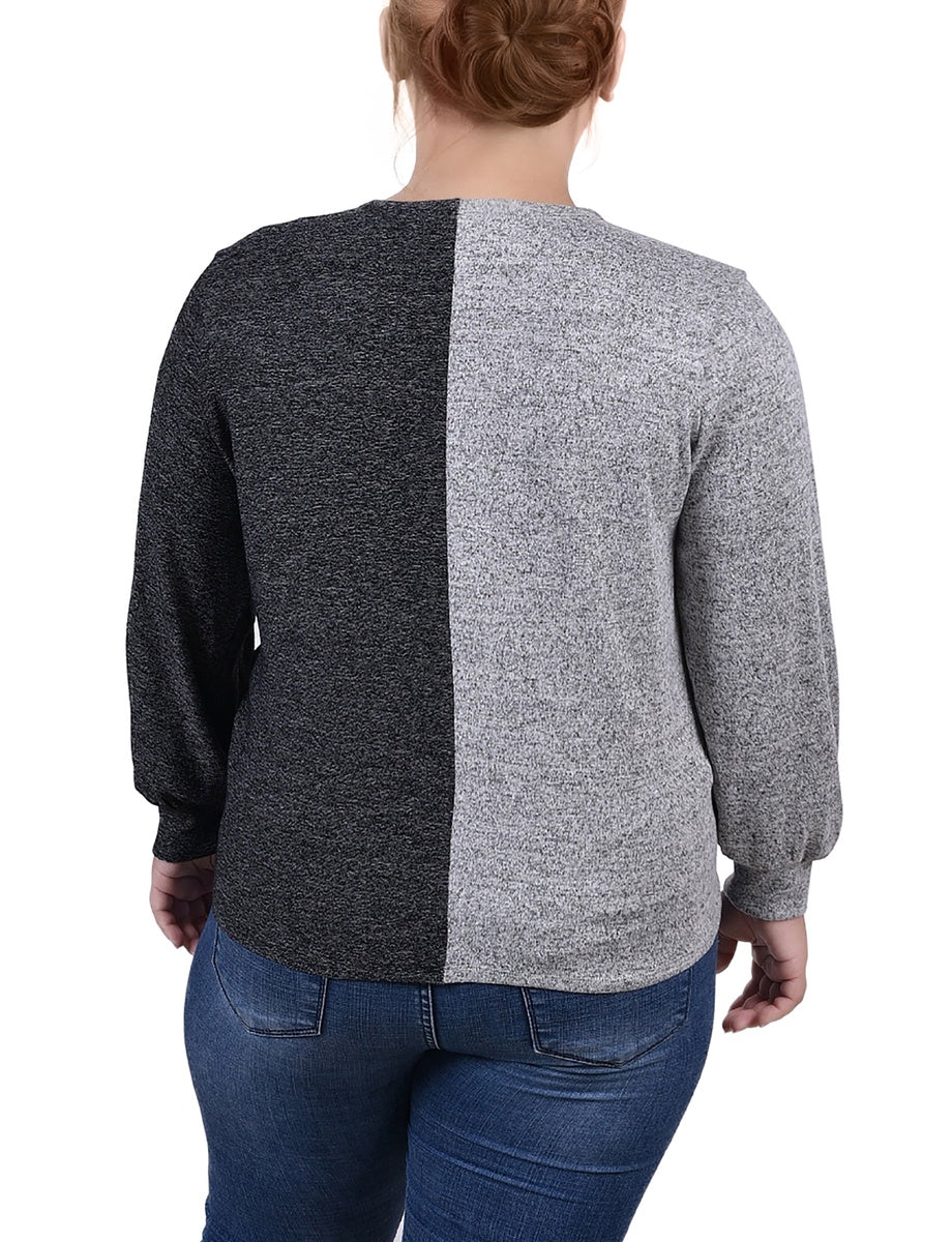  NY Collection Plus Size Long Sleeve Twist Front Colorblocked Top - Grey Black - Bonton