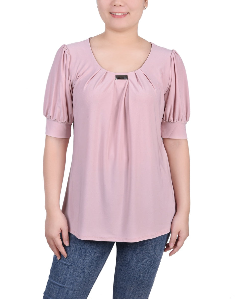  NY Collection Short Sleeve Balloon Sleeve Top With Hardware - Samoan Sun - Bonton