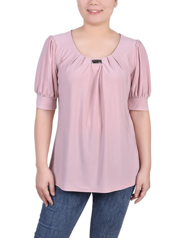 Short Sleeve Balloon Sleeve Top With Hardware
