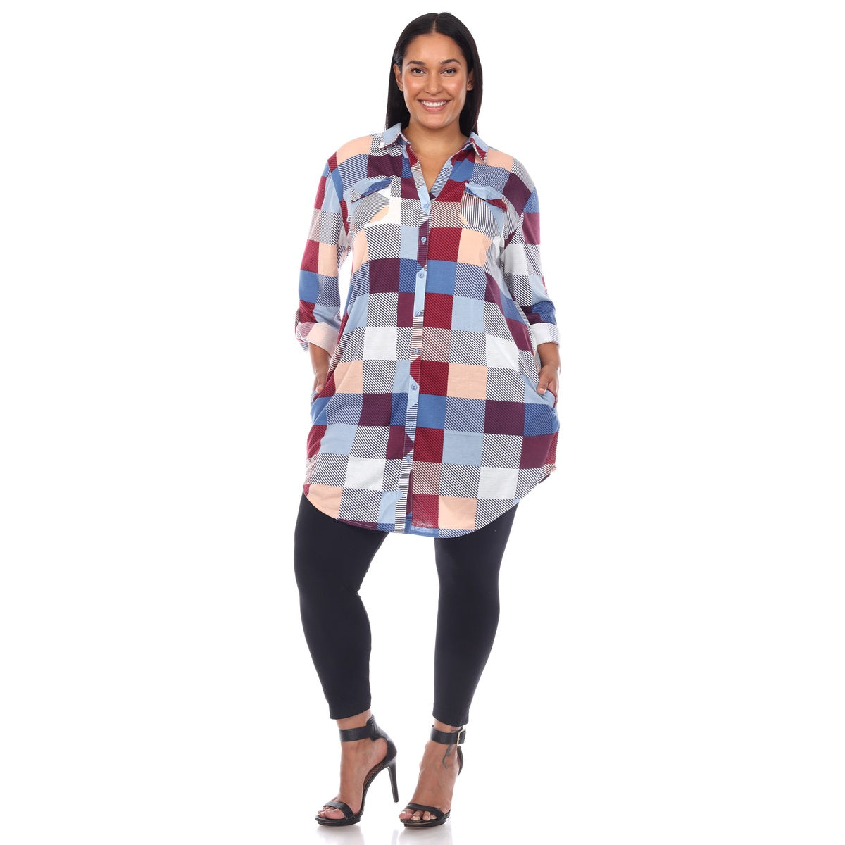  White Mark Plus Size Plaid Button Down Tunic Shirt - 1X - Bonton