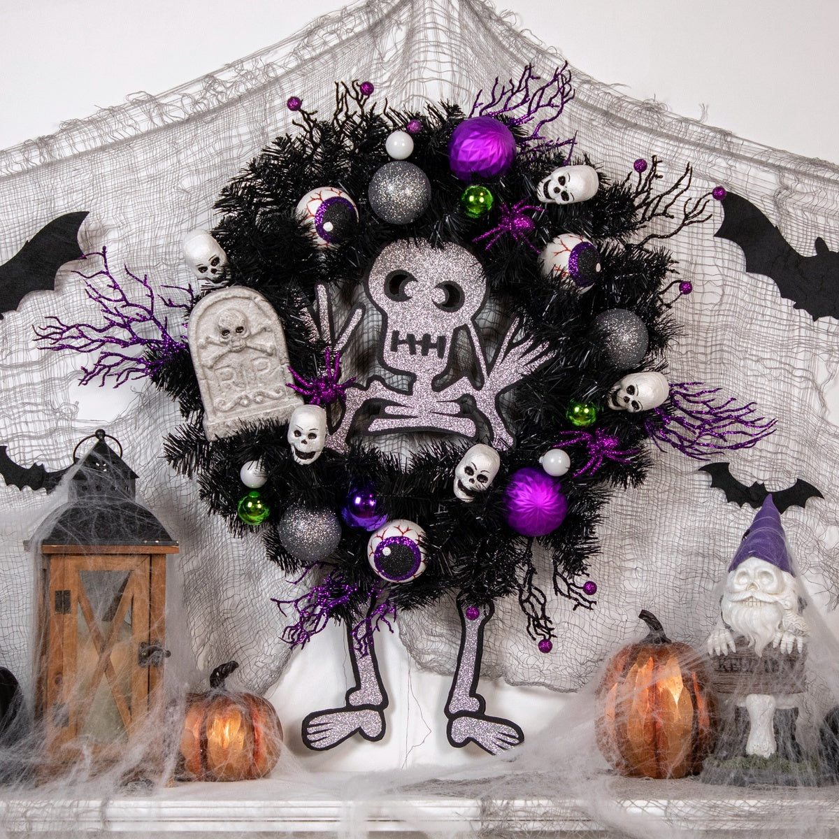  Northlight Purple and Black Spooky Skeleton Pine Halloween Wreath  24-Inch  Unlit - Default Title - Bonton