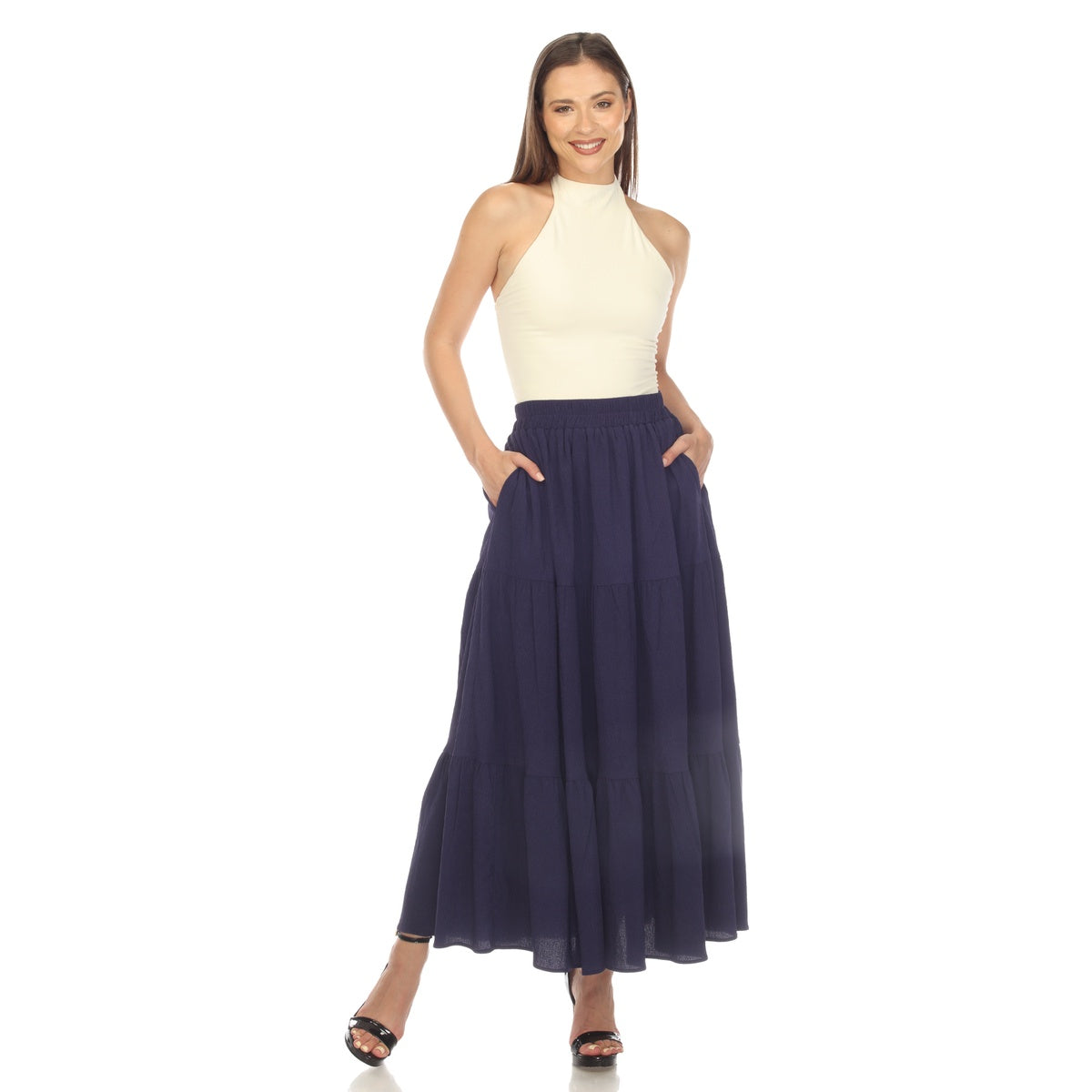  White Mark Women's Pleated Tiered Maxi Skirt - M - Bonton