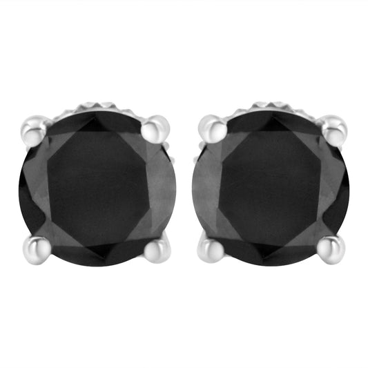 14K White Gold 4.00 Cttw Round Brilliant-Cut Black Diamond Classic 4-Prong Stud Earrings With Screw Backs (Fancy Color-Enhanced, I2-I3 Clarity)