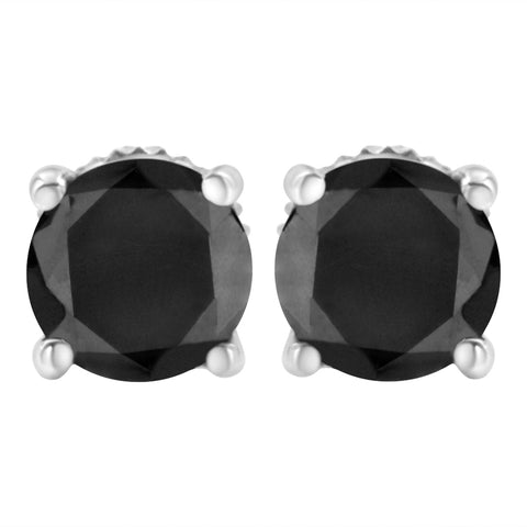 14K White Gold 3.00 Cttw Round Brilliant-Cut Black Diamond Classic 4-Prong Stud Earrings With Screw Backs (Fancy Color-Enhanced, I2-I3 Clarity)