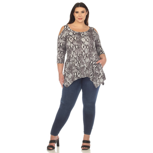 Plus Size Snake Print Cold Shoulder Tunic