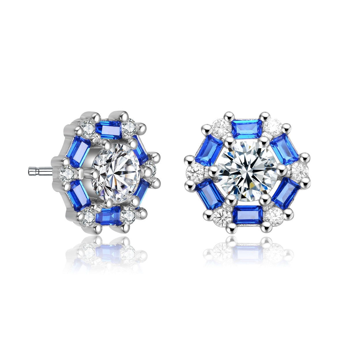  Genevive Ga Rhodium Plated With Round Baguette Cubic Zirconia Stud Earrings - White - Bonton