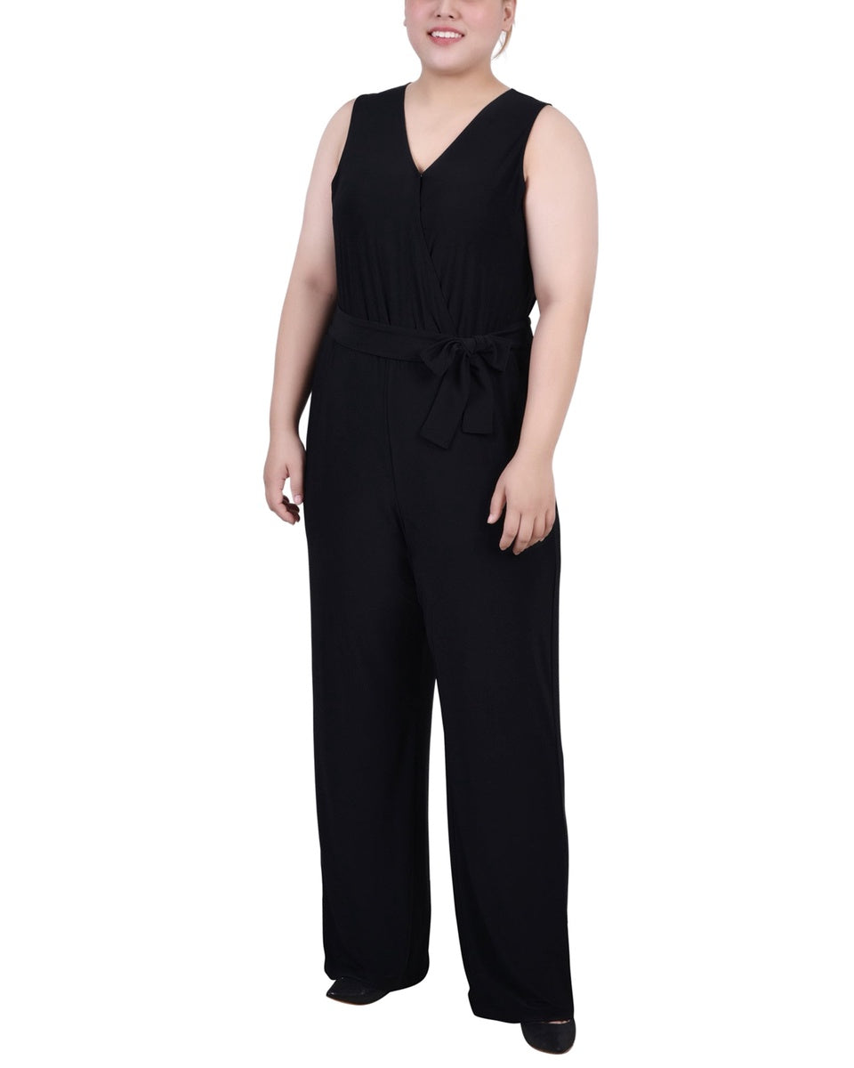  NY Collection Plus Size Sleeveless Belted Jumpsuit - Beet Red - Bonton