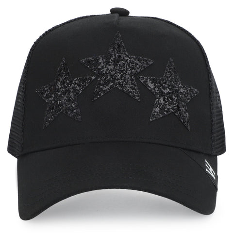 Vintage Havana Black Trucker Hat for Women – Canvas & Mesh Adjustable Snapback Baseball Cap With 3 Black Glitter Stars
