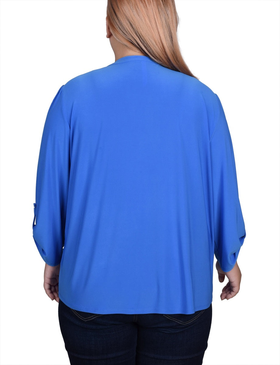  NY Collection Plus Size Long Sleeve Pintuck Front Top With Chain Details - Animal Lilas Dot - Bonton