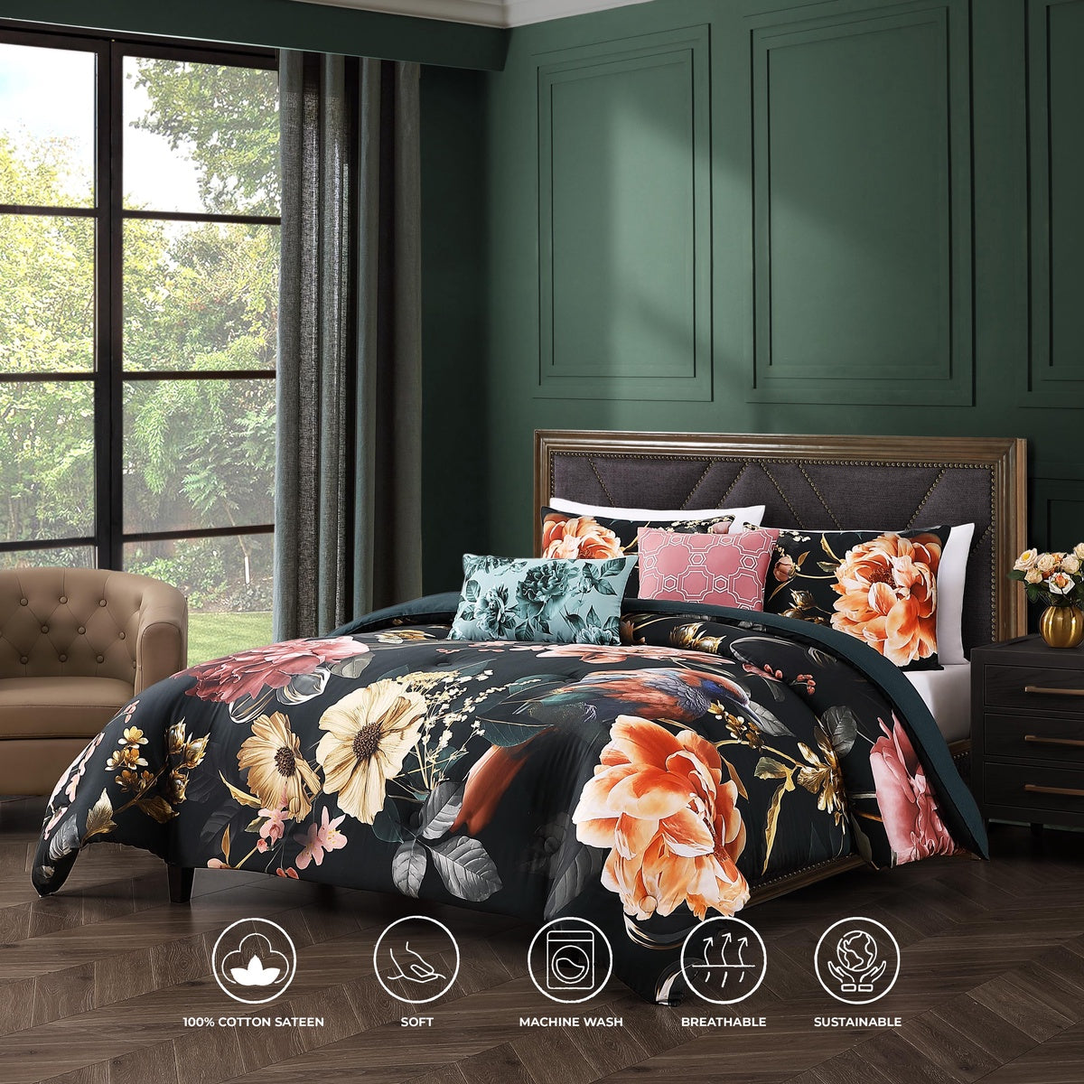  Bebejan Bebejan Botanical Birds 5 Piece Reversible Comforter Set - QUEEN - Bonton