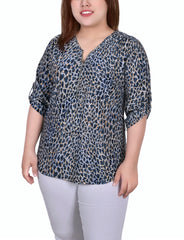 Plus Size 3/4 Roll Tab Zip Front Jacquard Knit Top