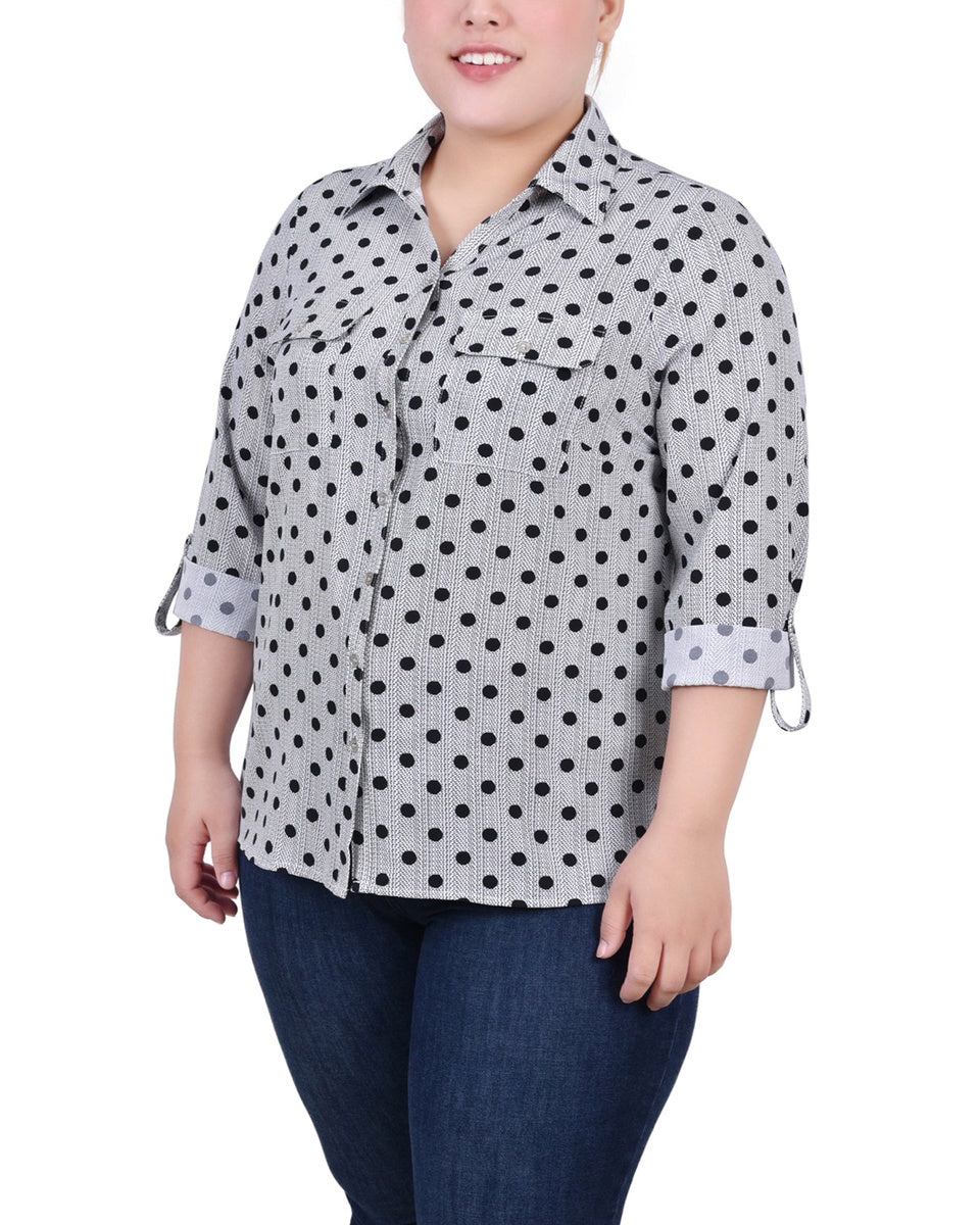  NY Collection Plus Size 3/4 Sleeve Roll Tab Notch Collar Blouse - Red Dots Mix - Bonton