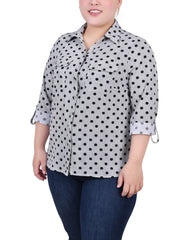 Plus Size 3/4 Sleeve Roll Tab Notch Collar Blouse