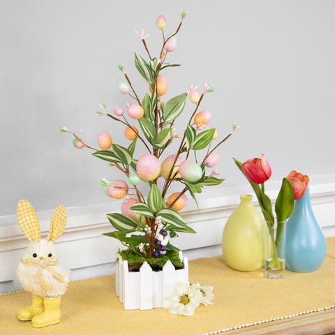 Artificial Potted Twig Tree With Easter Eggs - 18" - Pink