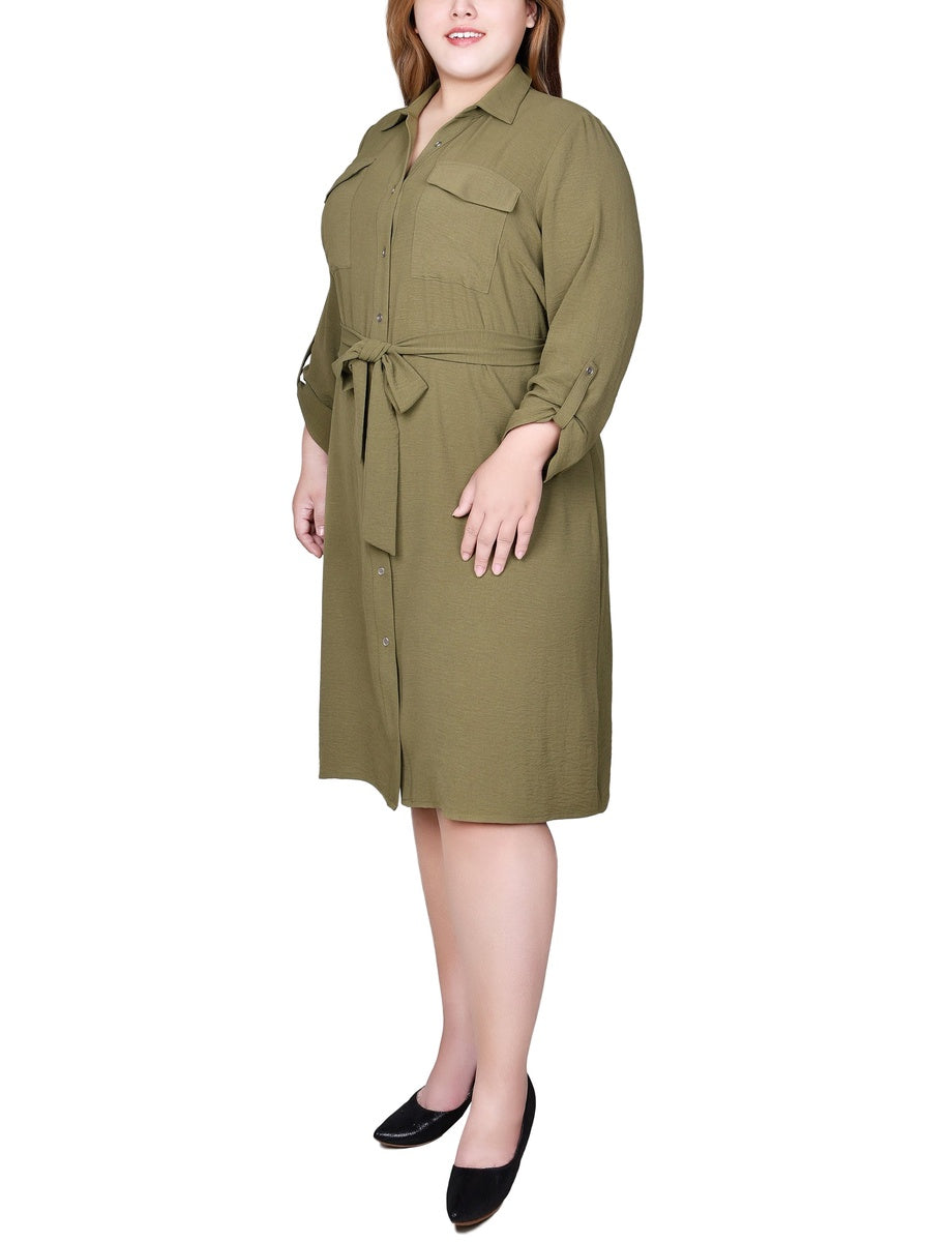  NY Collection Plus Size Long Roll Tab Sleeve Shirtdress - Burnt Olive - Bonton