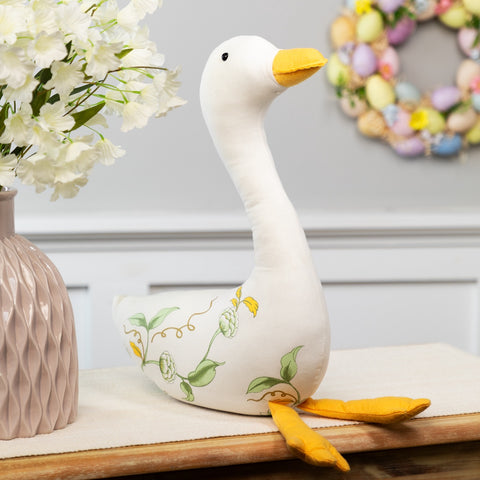 Plush Floral Goose Decoration - 16" - White and Yellow