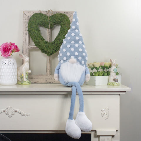 Sitting Spring Gnome Figure With a Pointy Polka Dot Hat - 34" - Blue and White
