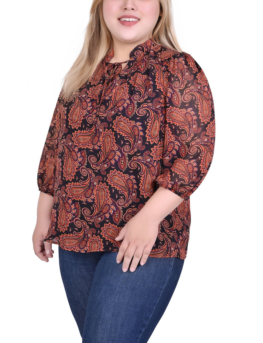  NY Collection Plus Size 3/4 Sleeve Chiffon Blouse - Black Lace Floral - Bonton