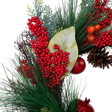 24" Autumn Harvest Pine  Berry and Pomegranate Wreath - Unlit