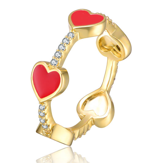 Kids/Teens 14k Yellow Gold Plated With Cubic Zirconia Red Enamel Heart Stacking Ring