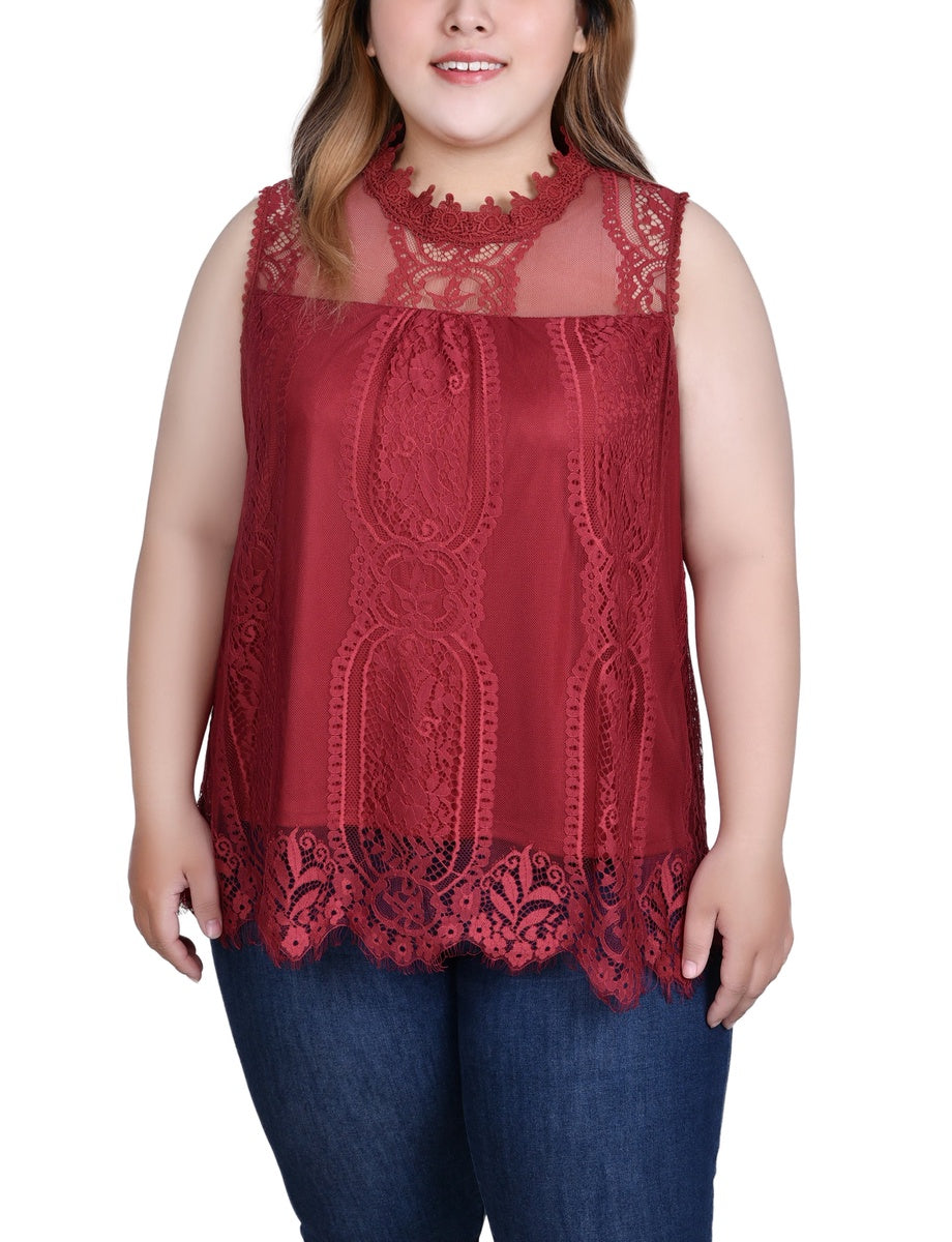  NY Collection Plus Size Sleeveless Mock Neck Lace Top - Black Nude - Bonton