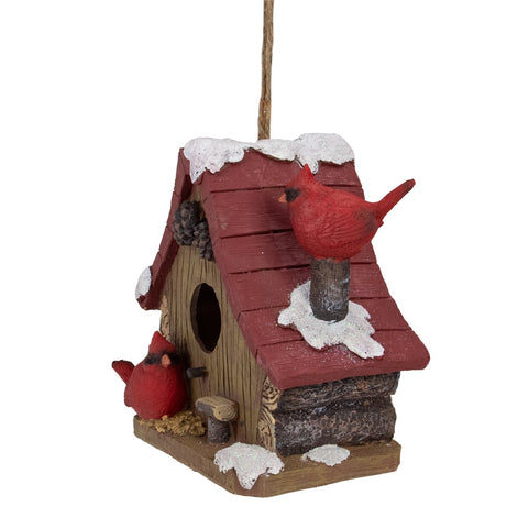 7" Brown and Red Birdhouse With Cardinals Hanging Christmas Decoration
