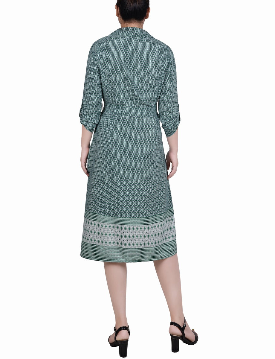  NY Collection 3/4 Roll Tab Sleeve Belted Shirtdress - Black Border - Bonton