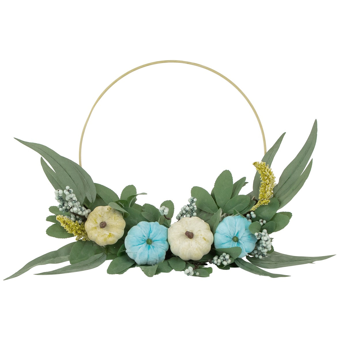  Northlight Blue Pumpkins and Foliage Fall Harvest Artificial Half Wreath  20-Inch - Default Title - Bonton