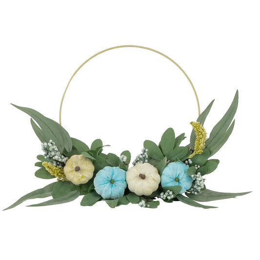 Blue Pumpkins and Foliage Fall Harvest Artificial Half Wreath  20-Inch