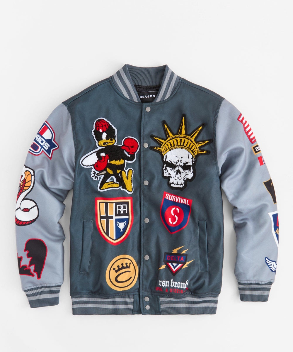  Reason Clothing Fearless Chenille Patched Varsity Jacket - Grey - GREY - Bonton