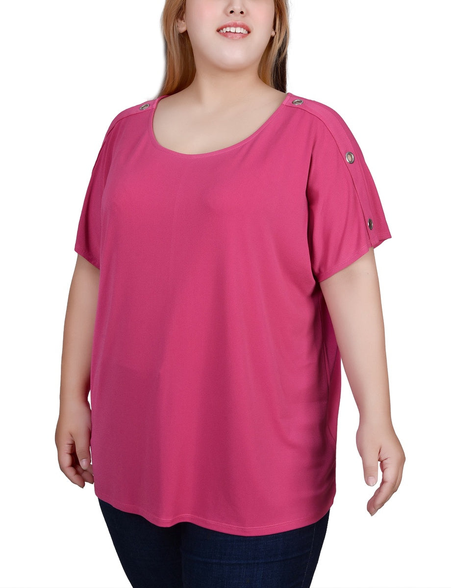  NY Collection Plus Size Short Sleeve Extended Sleeve Tunic Top - Magenta - Bonton