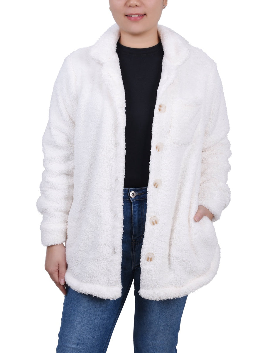  NY Collection Long Sleeve Button Front Sherpa Jacket - Ivory - Bonton