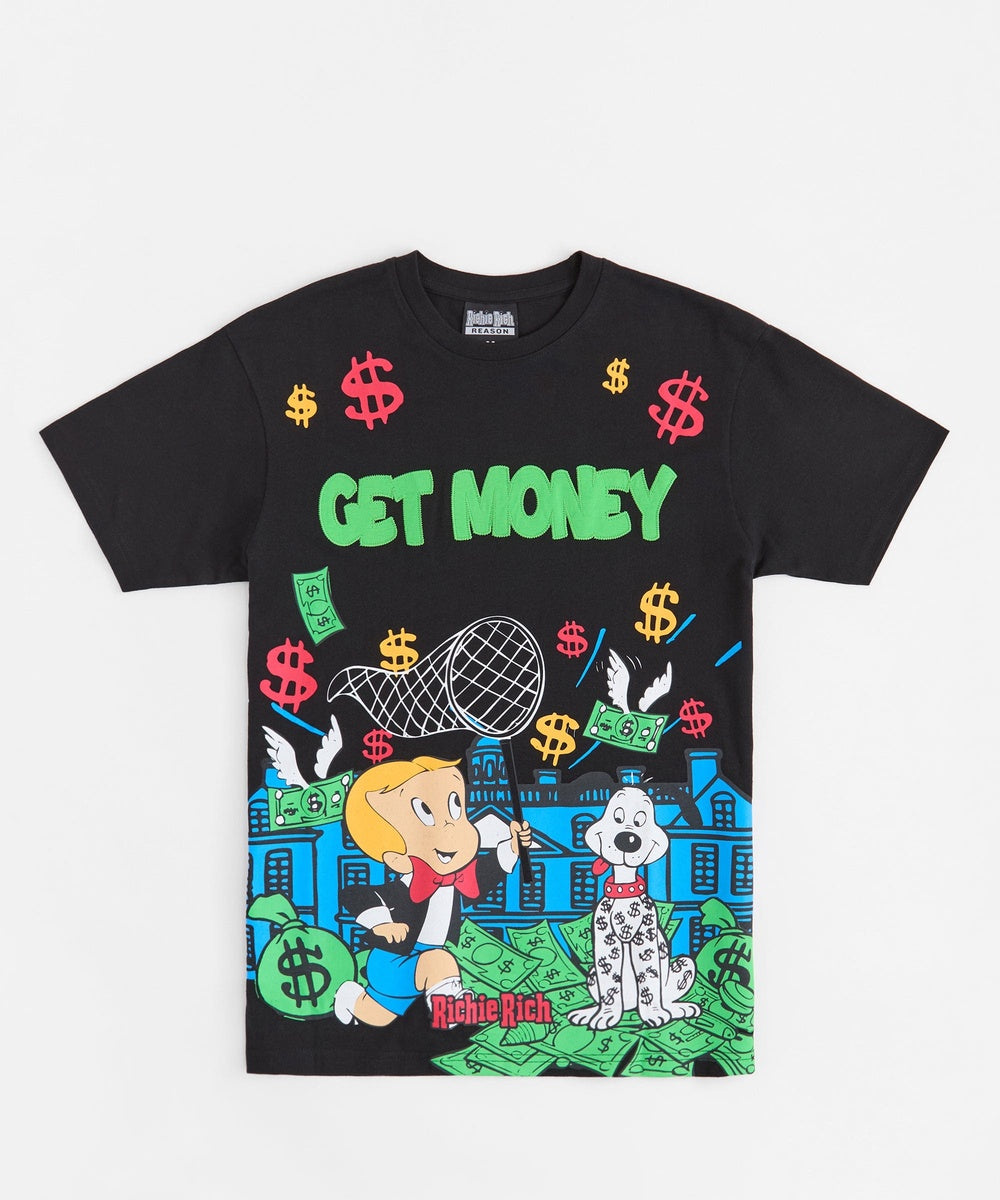  Reason Clothing Richie Rich Get Money Applique Short Sleeve Tee - Black - BLACK - Bonton