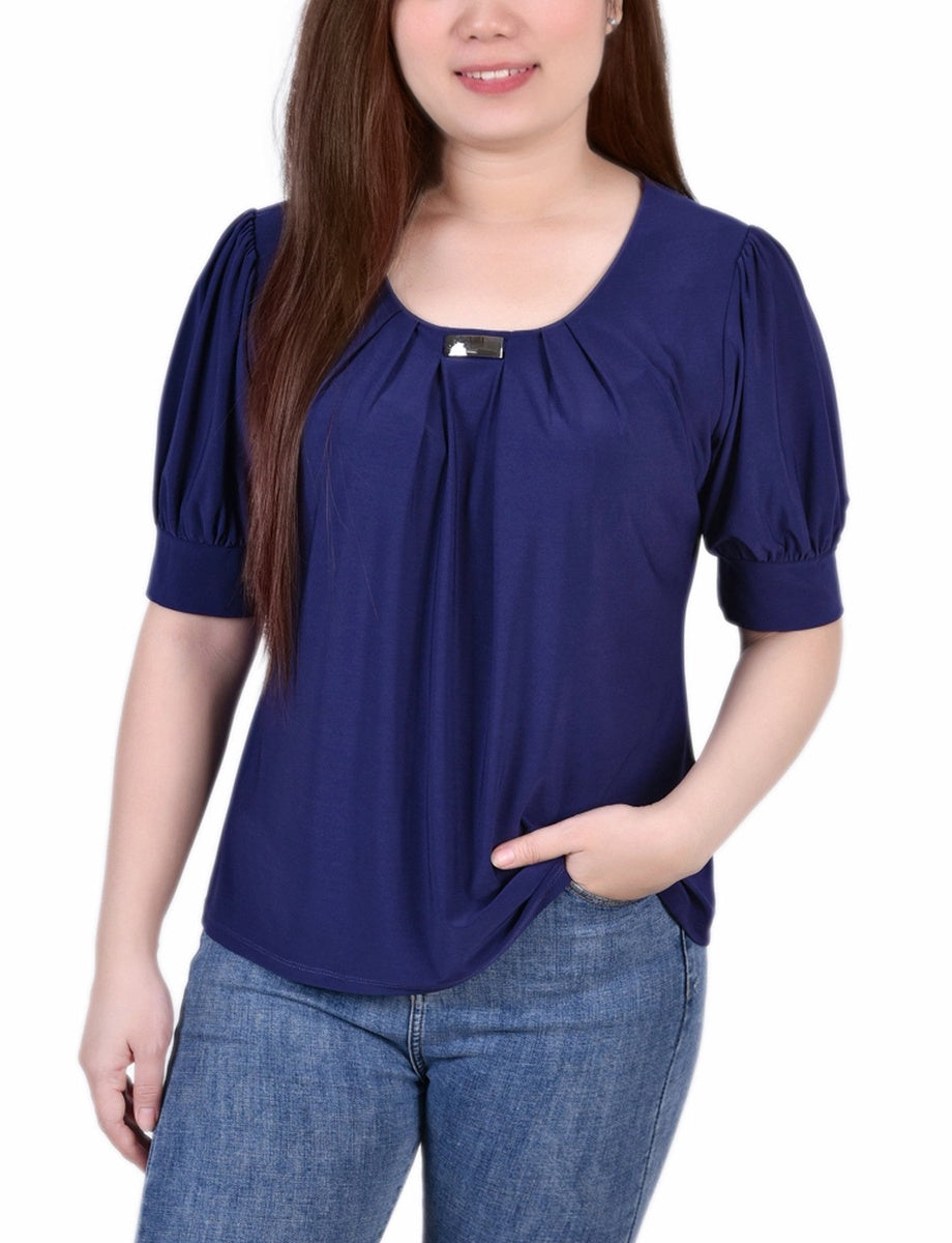  NY Collection Short Sleeve Balloon Sleeve Top With Hardware - Samoan Sun - Bonton