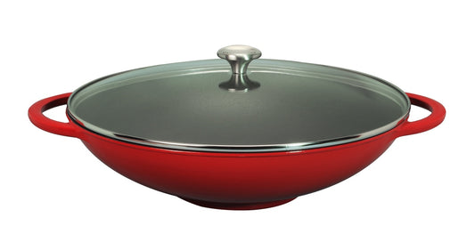 French Enameled Cast Iron Wok With Glass Lid, 16-Inch Diameter, Red