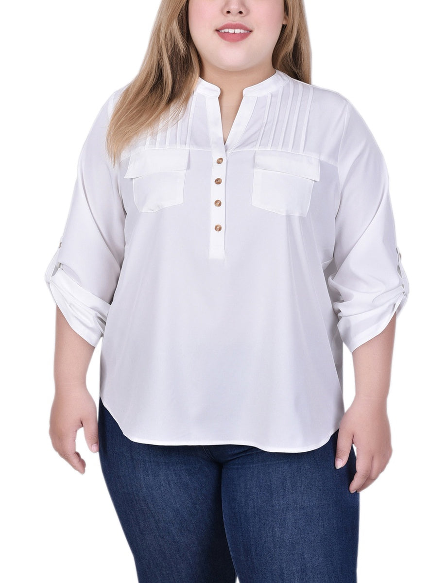  NY Collection Long Tab-Sleeve Blouse With Pockets - Golden Glow - Bonton