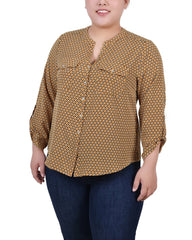 Plus Size 3/4 Roll Tab Sleeve Y-Neck Blouse