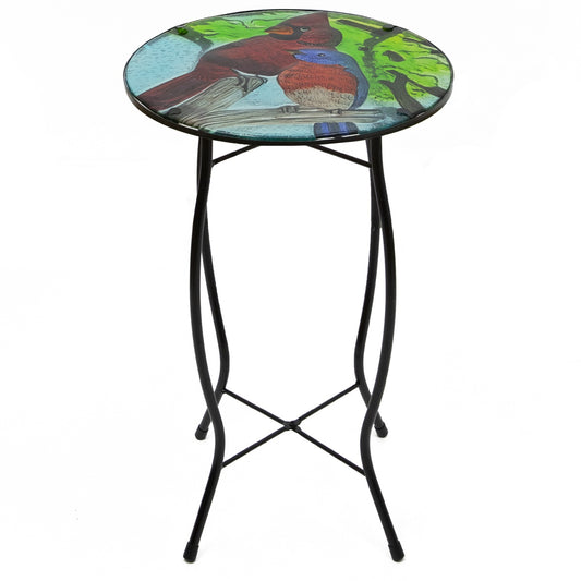 19" Blue and Red Cardinal Glass Patio Side Table