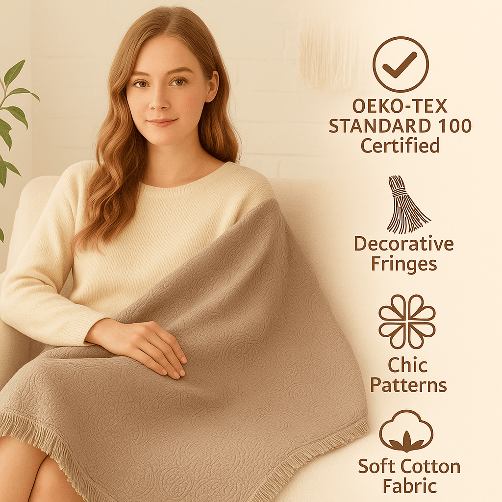  DaDa Bedding Collection DaDa Bedding Elegant Fringed Cotton Quilted Throw Blanket - Luxurious Solid Soft Paisley Pattern, Cozy Lightweight Lap Throw, Perfect for Couch or Bed, Neutral Sandy Taupe Tan Beige, 50x60 Inches by DaDa Bedding Collection - Default Title - Bonton
