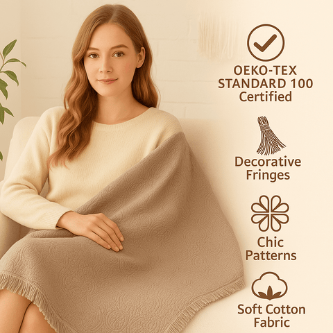 DaDa Bedding Elegant Fringed Cotton Quilted Throw Blanket - Luxurious Solid Soft Paisley Pattern, Cozy Lightweight Lap Throw, Perfect for Couch or Bed, Neutral Sandy Taupe Tan Beige, 50x60 Inches by DaDa Bedding Collection